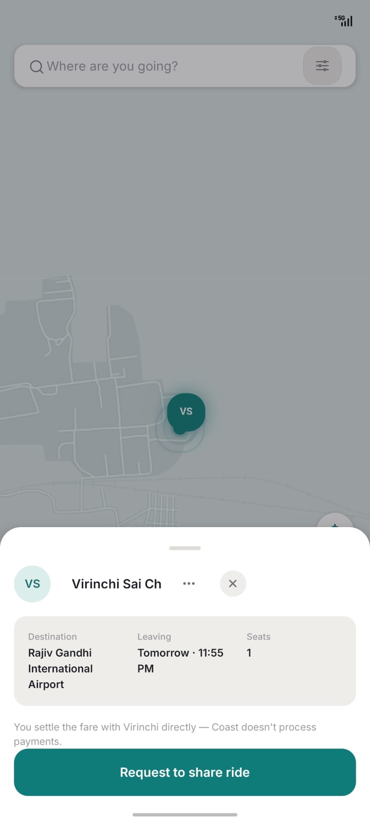 Coast — trip detail card showing a ride to Rajiv Gandhi International Airport with a Request to Share Ride button